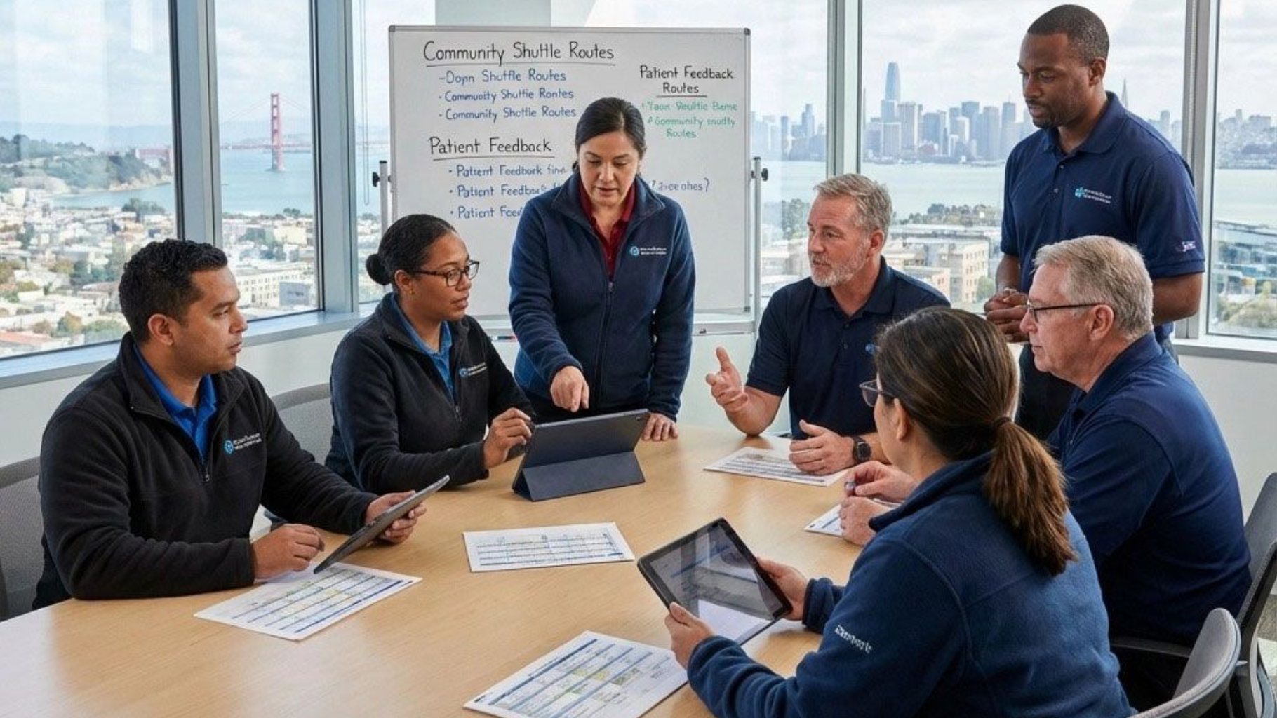 Group of people in a meeting, with a whiteboard, a cityscape in the background. They are wearing blue shirts.