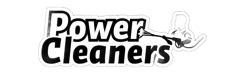 Logo voor Power Cleaners met tekst en een figuur die een hogedrukreiniger vasthoudt.