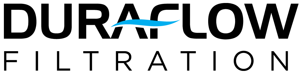 A logo for duraflow filtration with a blue wave in the middle.
