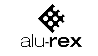 A black and white logo for a company called alu-rex