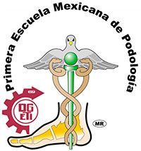 El logo de la Escuela Mexicana de Podología tiene un caduceo y un pie.