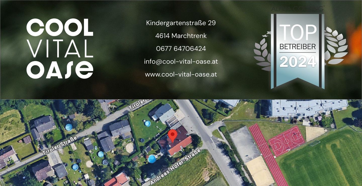 ein Luftbild einer Wohnsiedlung mit dem Titel cool vitaloase .