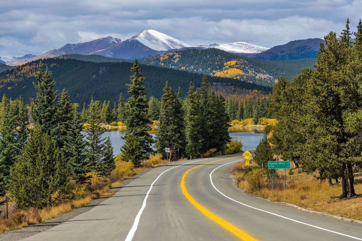 A road going through a forest with mountains in the background.