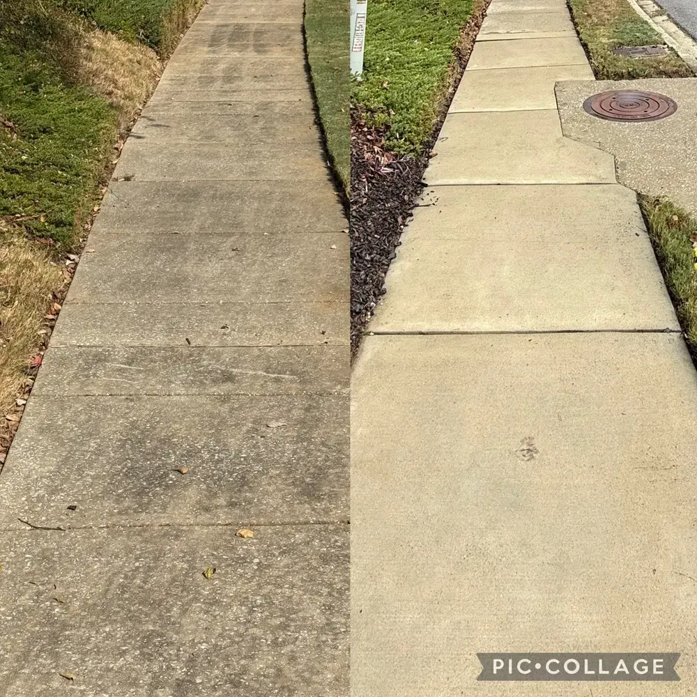 Sidewalk comparison: before (left) is dirty, after (right) is clean and bright, showing the effect of power washing.