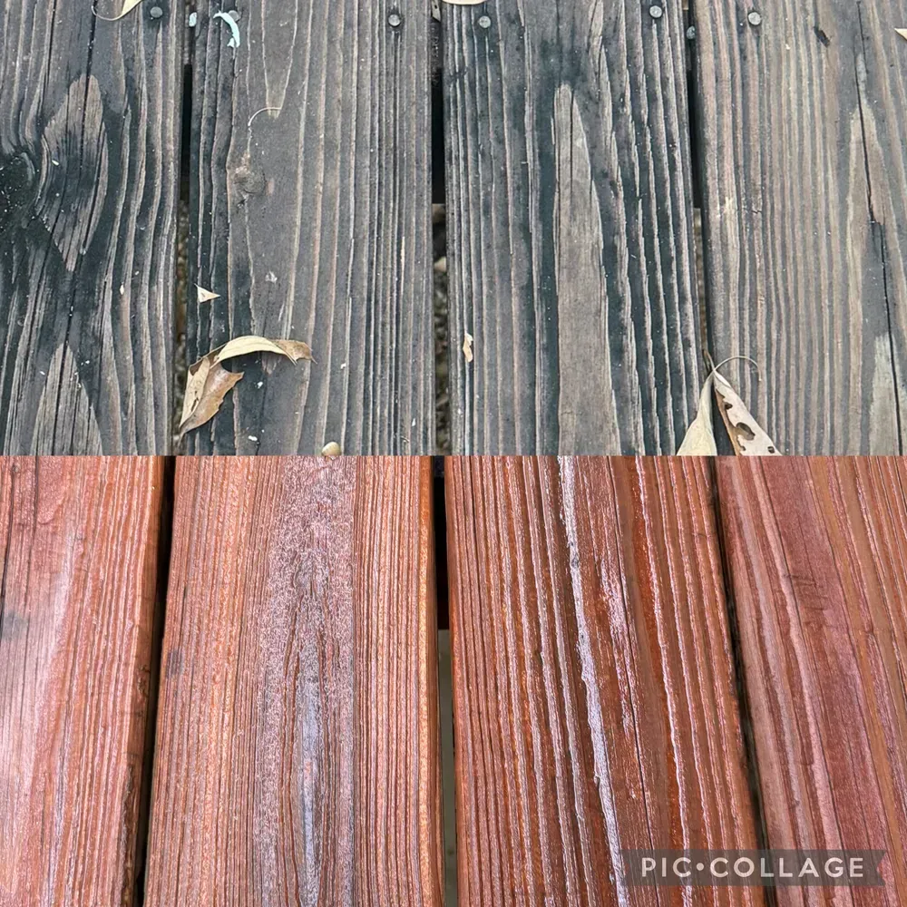 Close-up of wooden deck planks. Top half is weathered gray; bottom half is stained reddish-brown.