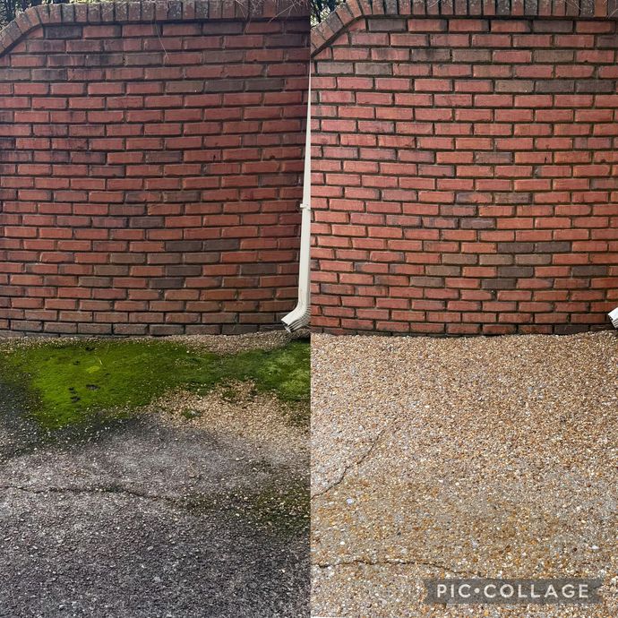 Before and after of brick wall and ground cleaning: dark and dirty left, clean and bright right.