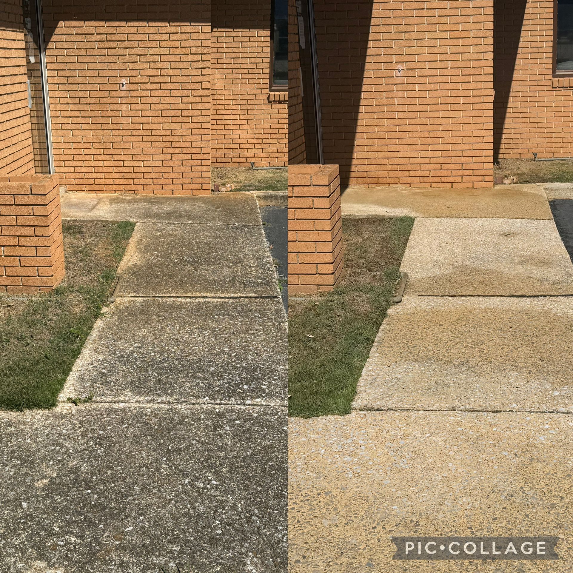 Before and after comparison of a sidewalk. The left side is dark and dirty, the right side is clean and light.