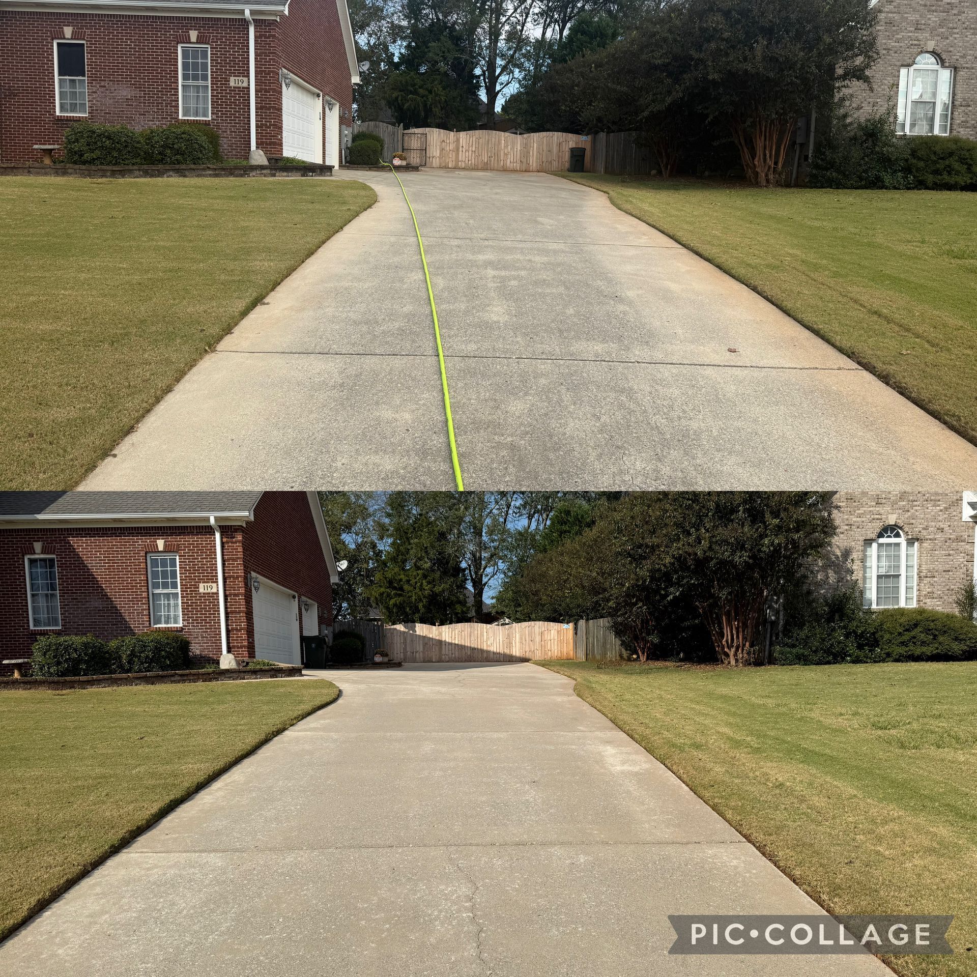 Driveway before and after power washing; showing the difference in cleanliness.