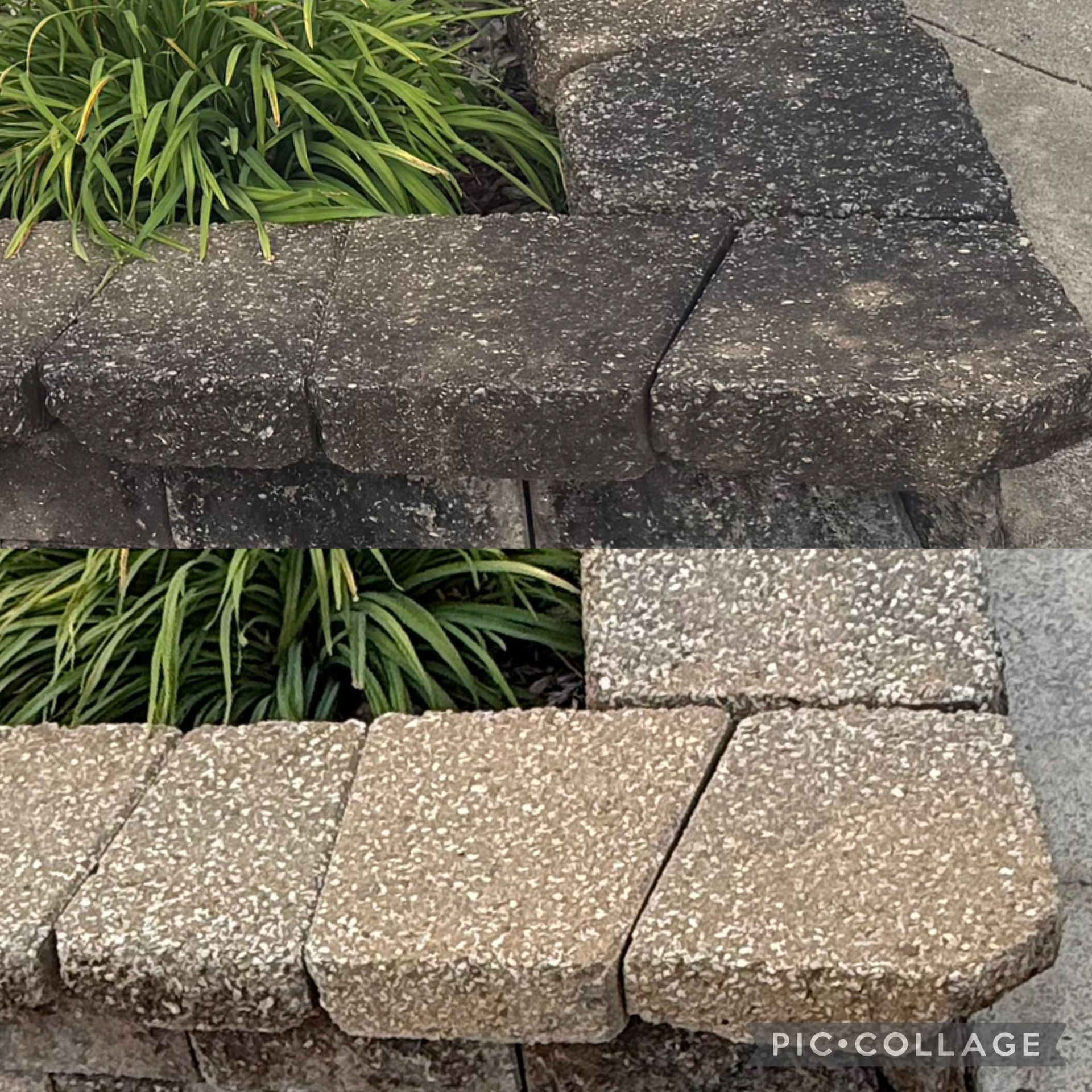 Before and after of a concrete retaining wall. The top half is dark and dirty, the bottom is clean and light-colored.