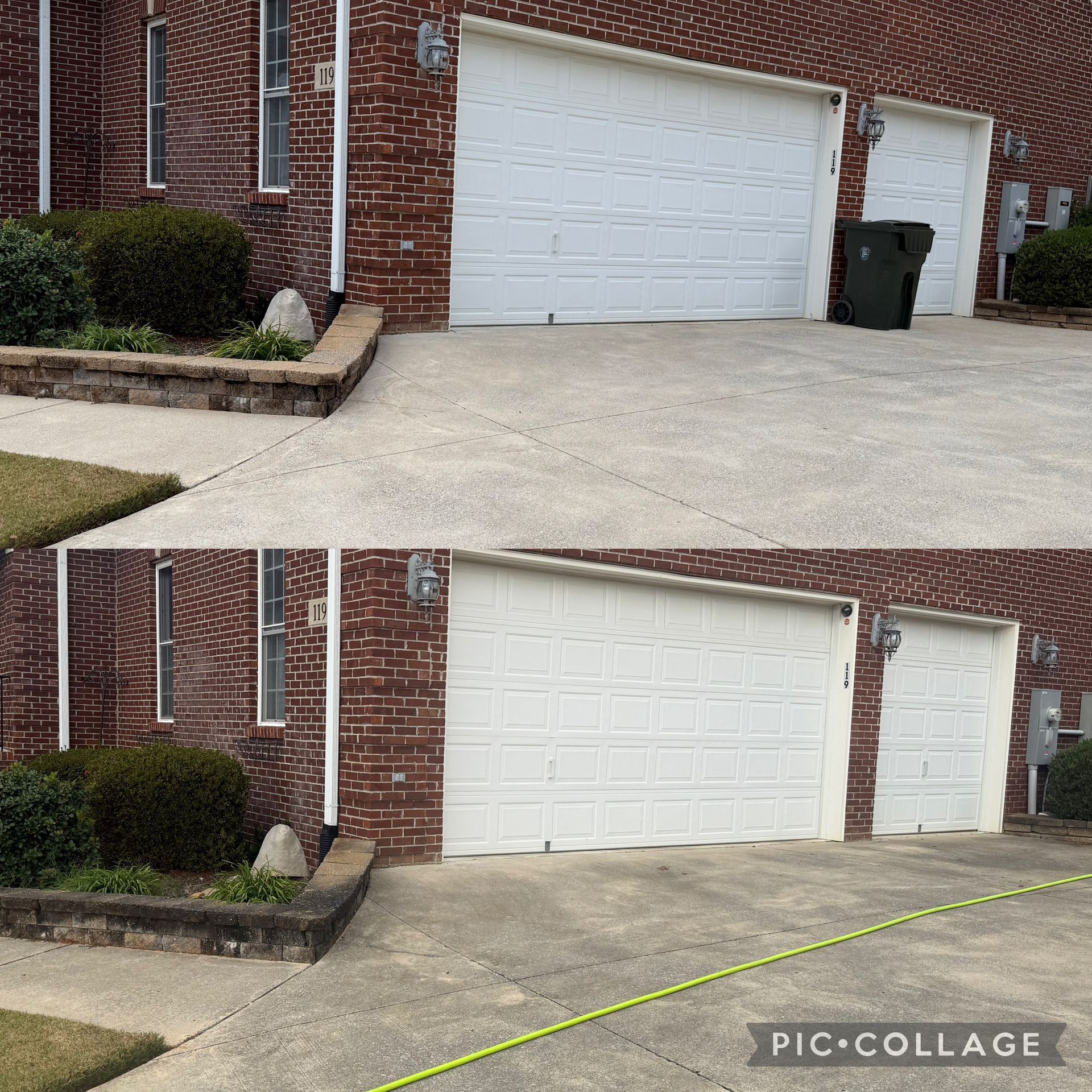 Before and after comparison of a driveway and garage. The top image shows a trash can, and the bottom one doesn't.