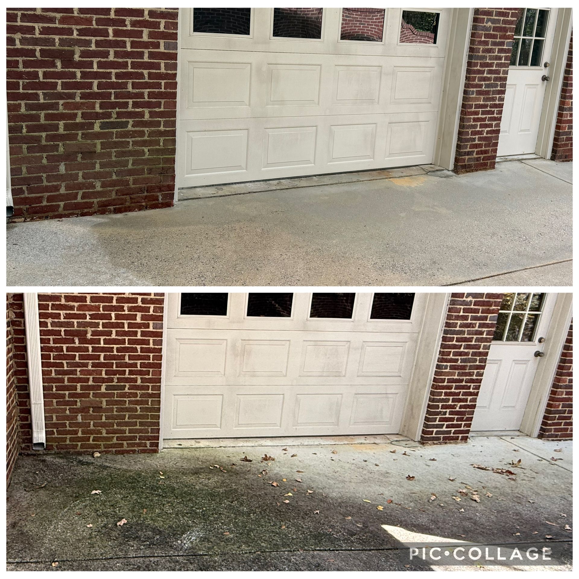 Before and after of a garage and brick wall cleaning. The before shows grime and the after is clean.