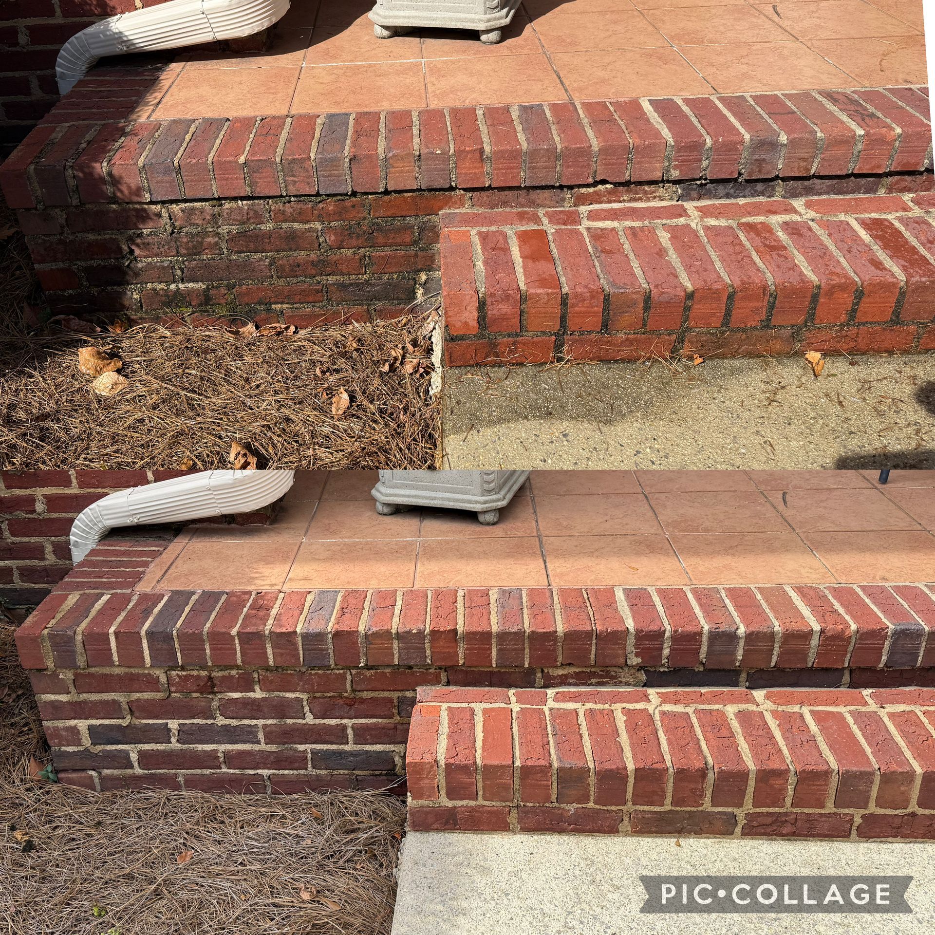 Brick steps with visible cracks and some disrepair, outdoor setting.