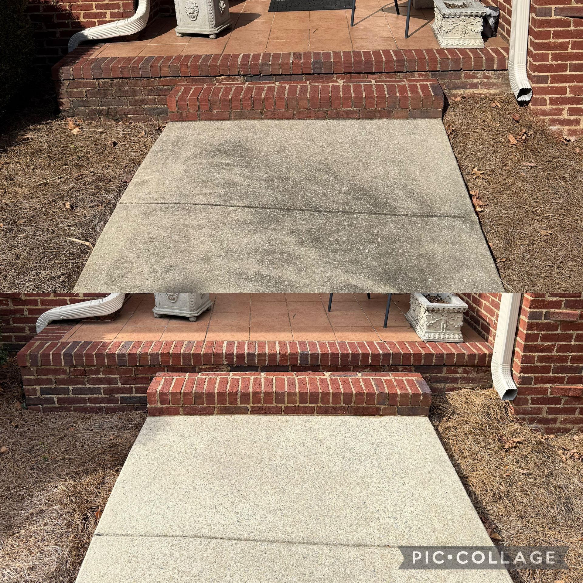 Before and after of a concrete walkway and brick steps, cleaned. Muddy appearance transforms into clean.