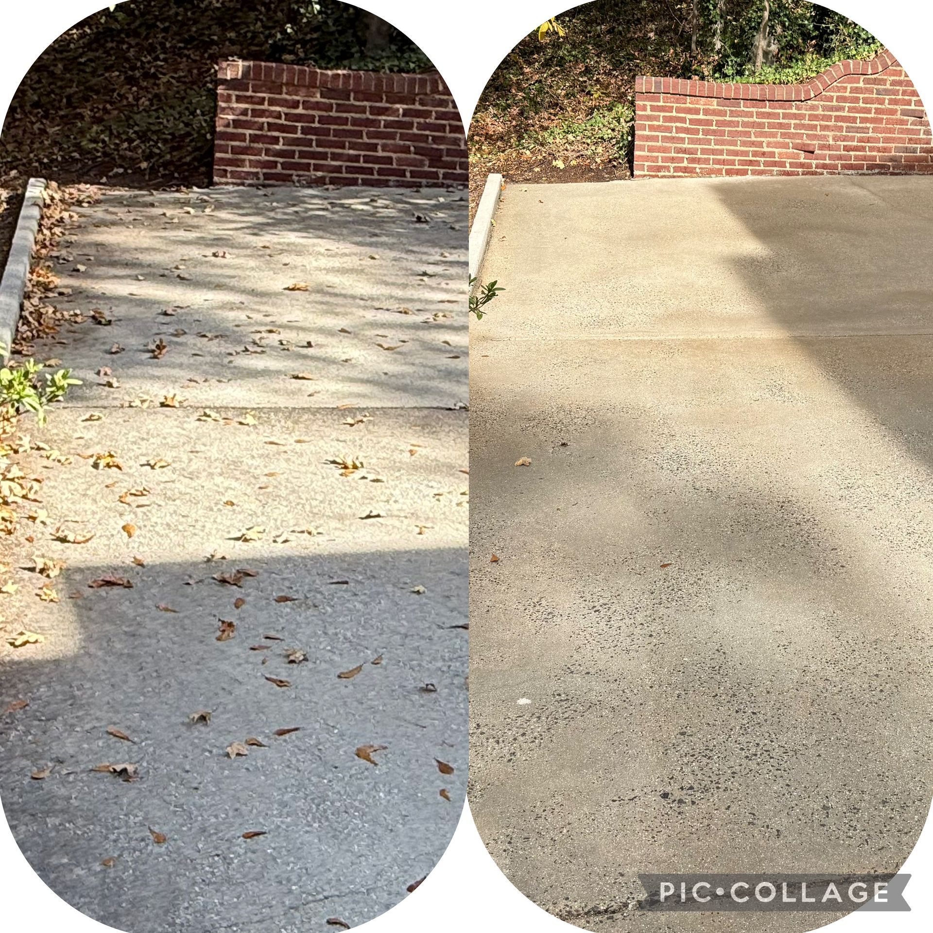 Before and after view of a concrete driveway, cleaned and free of debris with a red brick wall in the background.