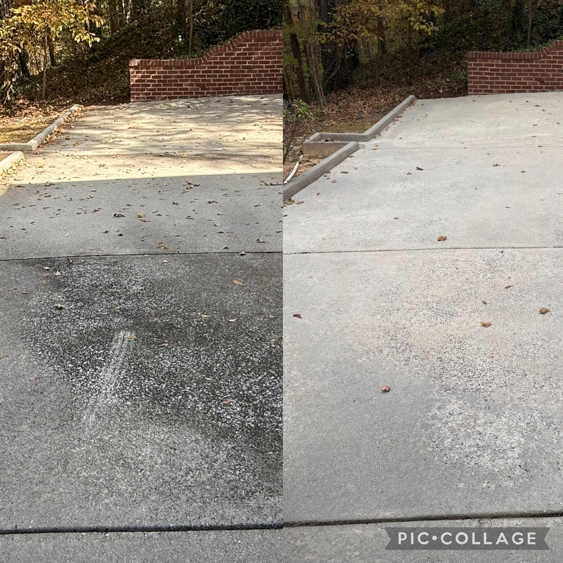 Comparison of a dirty and clean concrete driveway. The