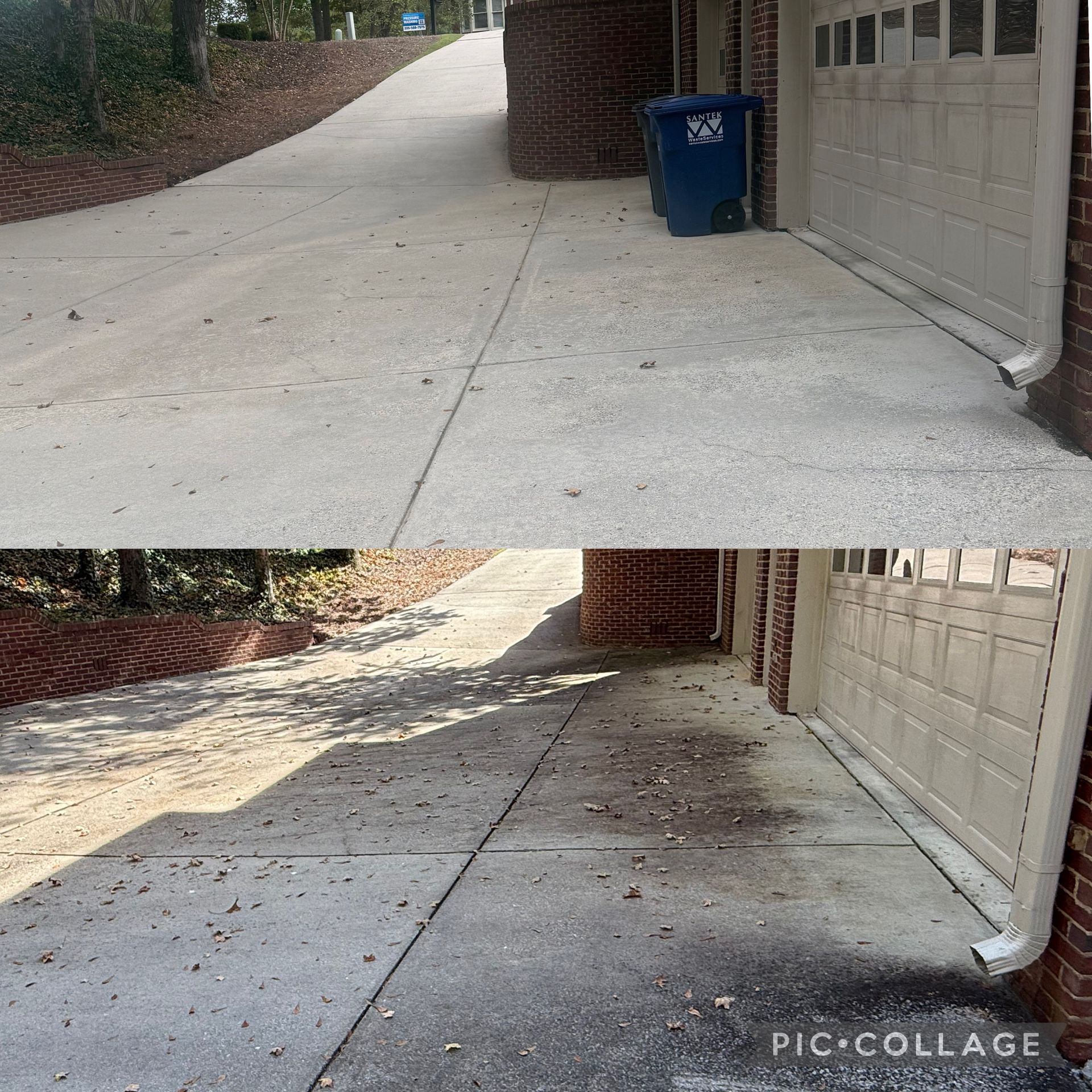 Top: Clean concrete driveway. Bottom: Dirty concrete driveway with debris. Building and blue trash can visible.