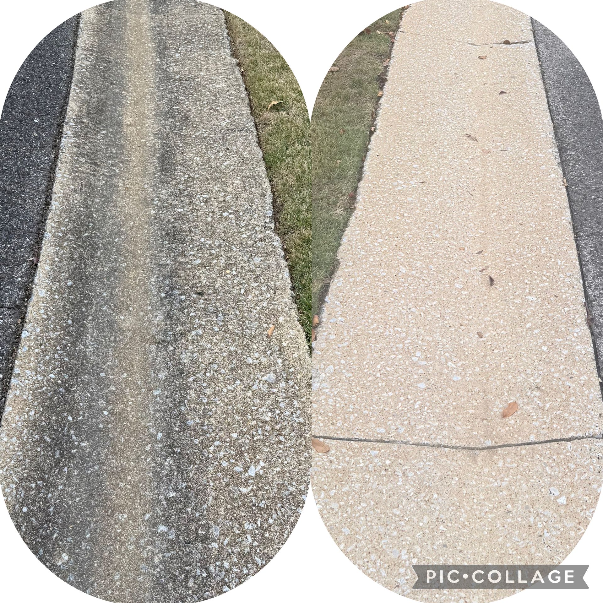 Comparison of a dirty driveway before (left) and clean driveway after power washing (right), showing the difference.