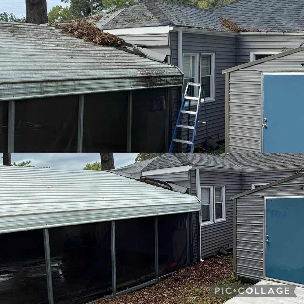 Before and after view of a small house and screened porch roof being cleaned. The shed has a blue door.