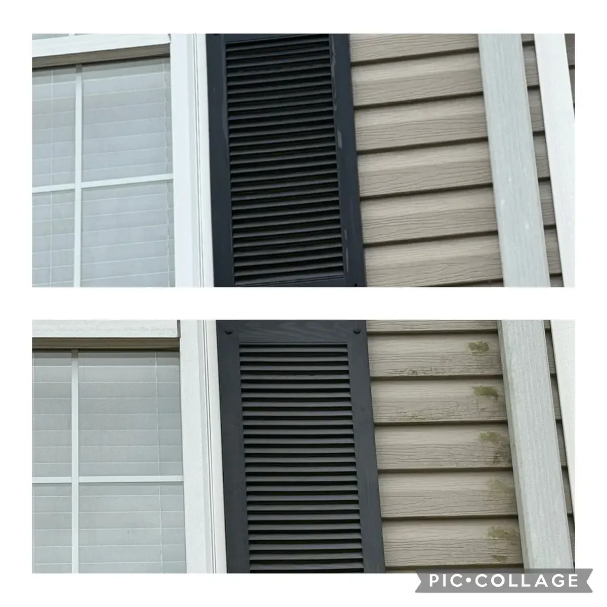 Before and after comparison of weathered siding cleaned to reveal original color, black shutter, and white trim.