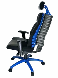 Blue and black ergonomic office chair with a unique stacked back support.
