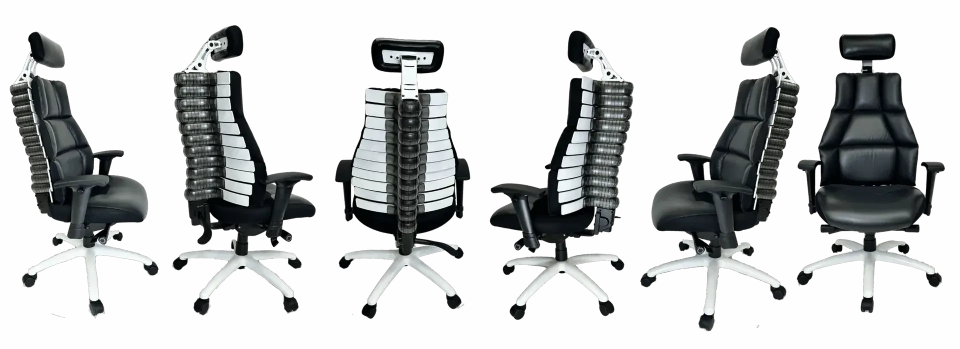 Office chairs in black leather with silver bases and headrests, in various perspectives.
