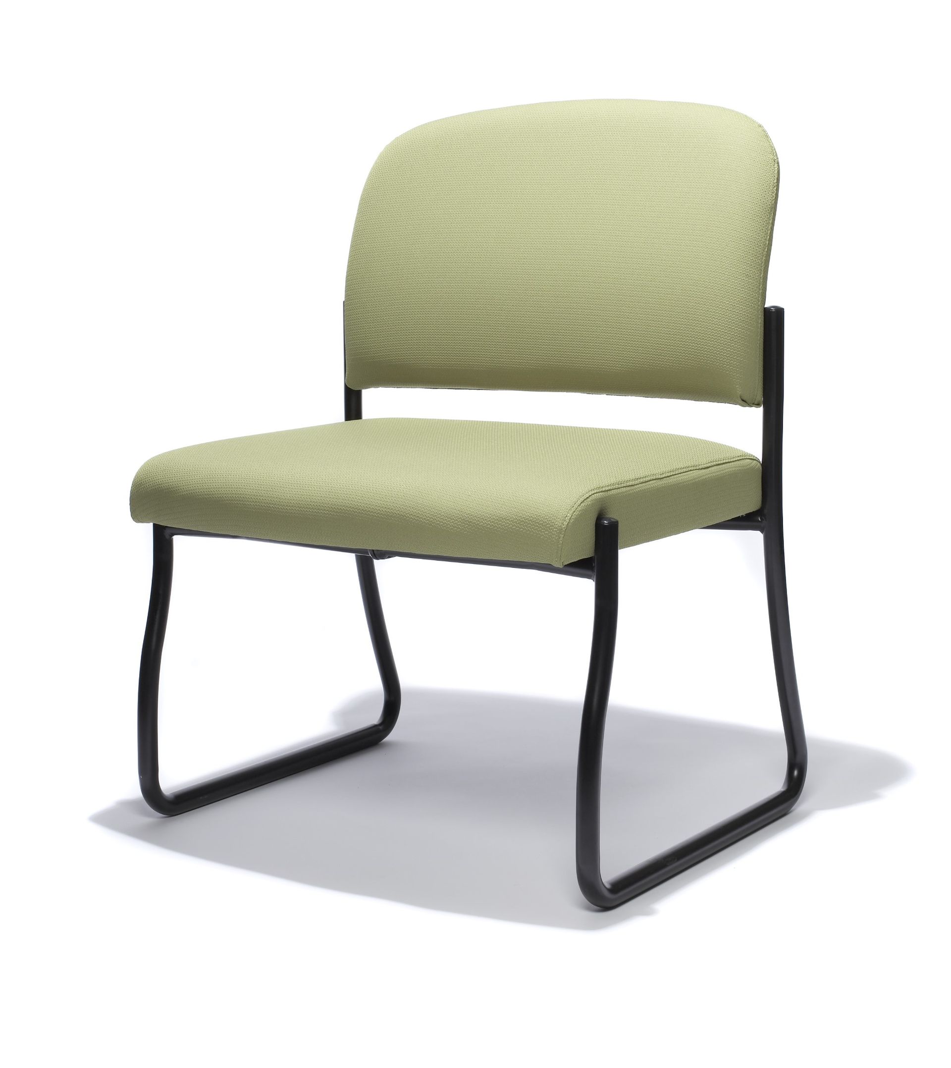 Green upholstered chair with black metal frame.