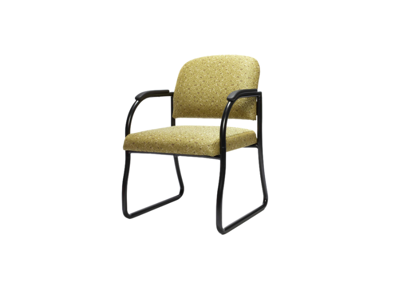 Tan patterned office chair with black frame and armrests.