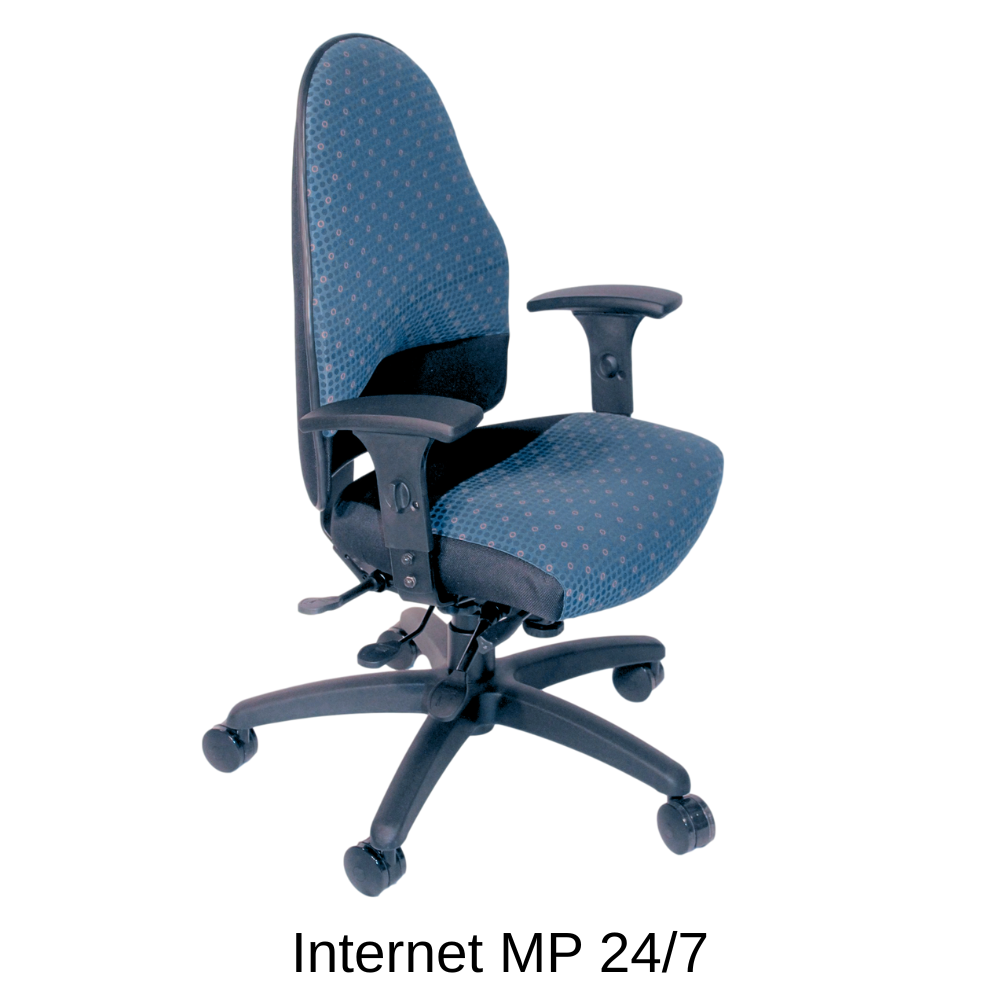 Blue and black ergonomic office chair with adjustable armrests and base.