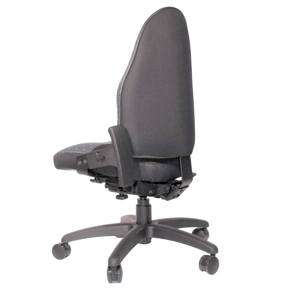 Black ergonomic office chair with a high back and adjustable armrests.