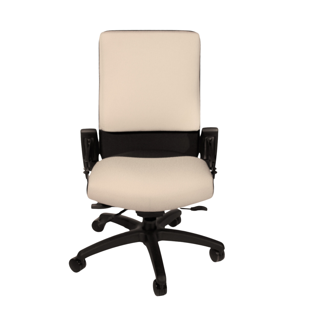 White and black office chair with adjustable armrests, on a white background.