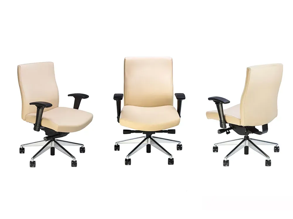 Three beige office chairs on a white background, each at a different angle. Black armrests and silver bases.