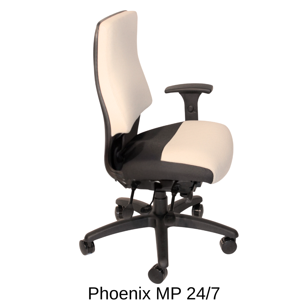 Ergonomic black and cream office chair with armrests; labeled "Phoenix MP 24/7."