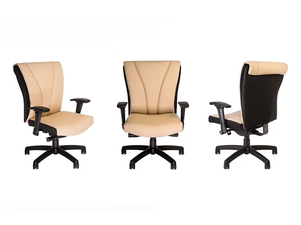 Three beige and black office chairs from different angles.