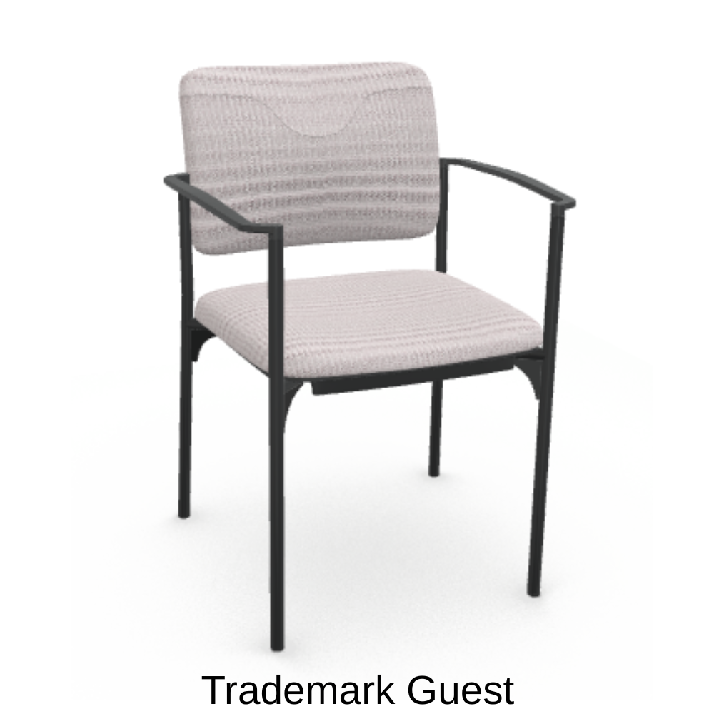 Light gray guest chair with black arms and legs, white background.
