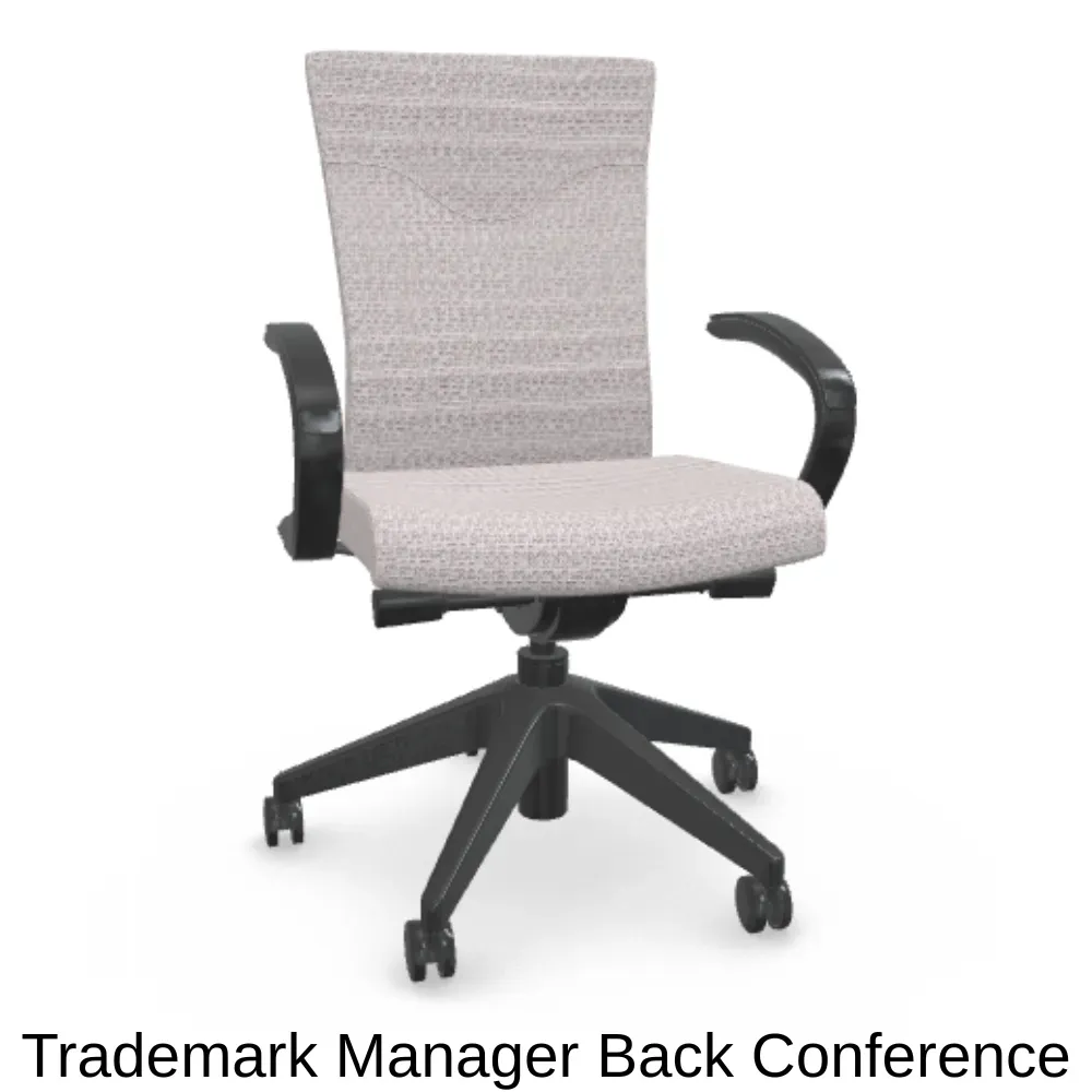Office chair with gray fabric seat and back, black arms and base.