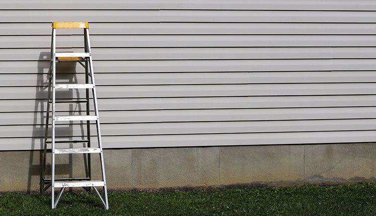 A ladder is leaning against a wall in the grass.