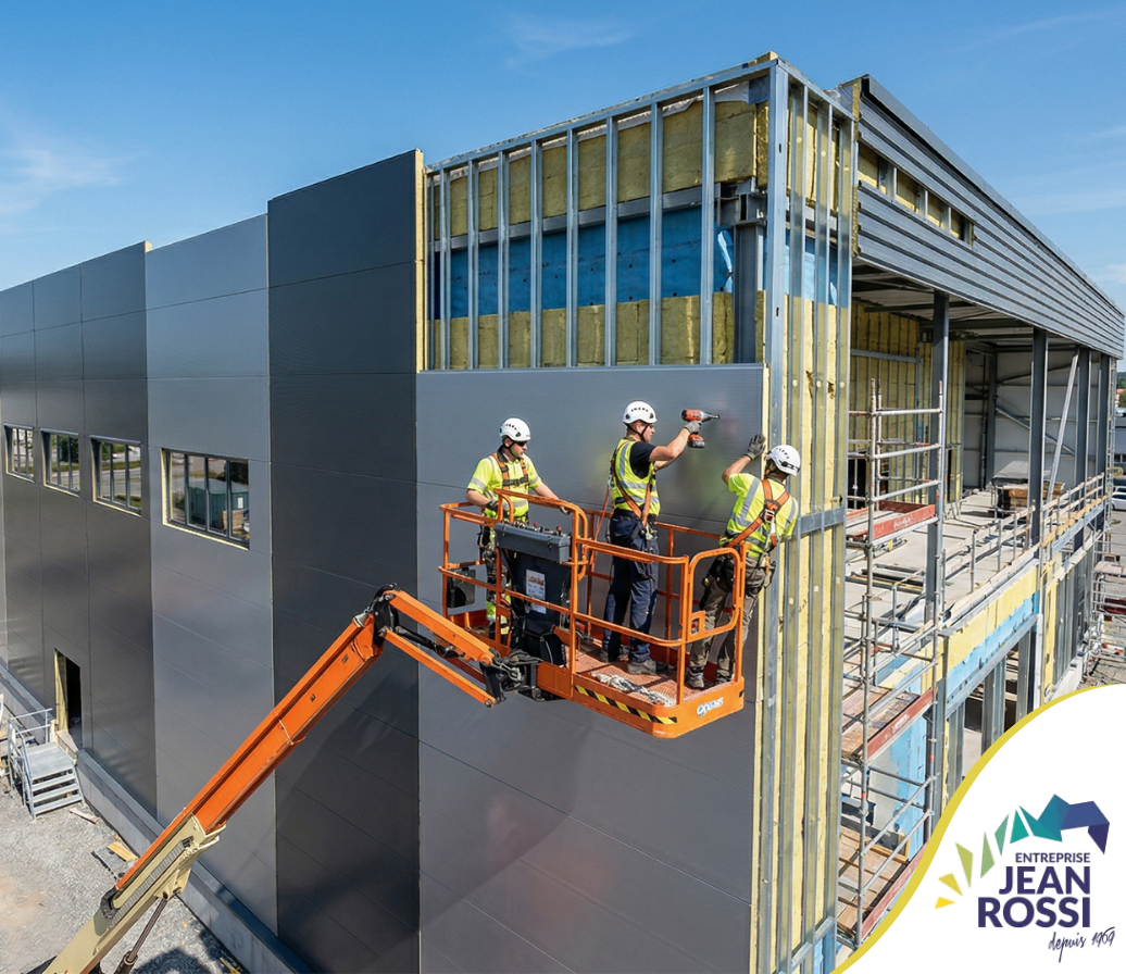 Trois ouvriers du bâtiment, à bord d'une nacelle élévatrice, installent un bardage métallique gris sur la façade d'un bâtiment en construction.