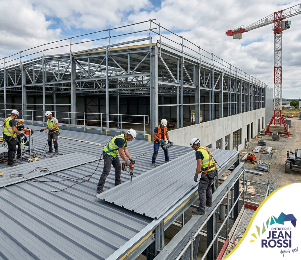 Des ouvriers du bâtiment, équipés de vêtements de sécurité, installent des panneaux de toiture en tôle ondulée sur un entrepôt à ossature métallique.