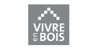 Logo pour « Vivre en Bois », avec une icône de maison pixélisée au-dessus du texte.