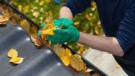 A man wearing green gloves is cleaning a gutter of leaves.