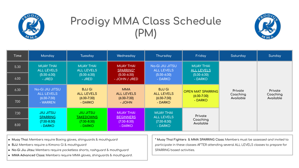 Prodigy MMA Class Timetable