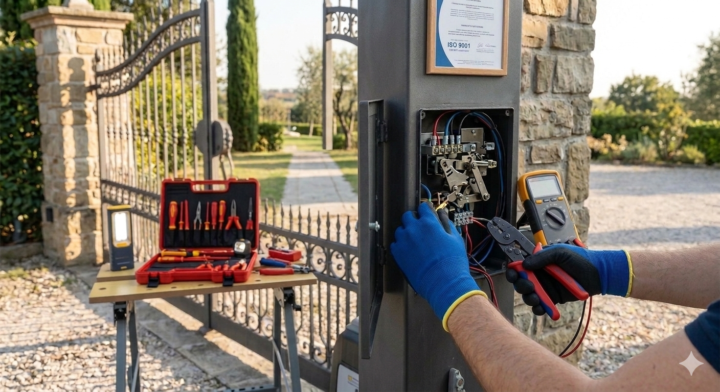 Persona che indossa guanti blu mentre ripara il pannello di controllo del cancello, attrezzi sul tavolo.