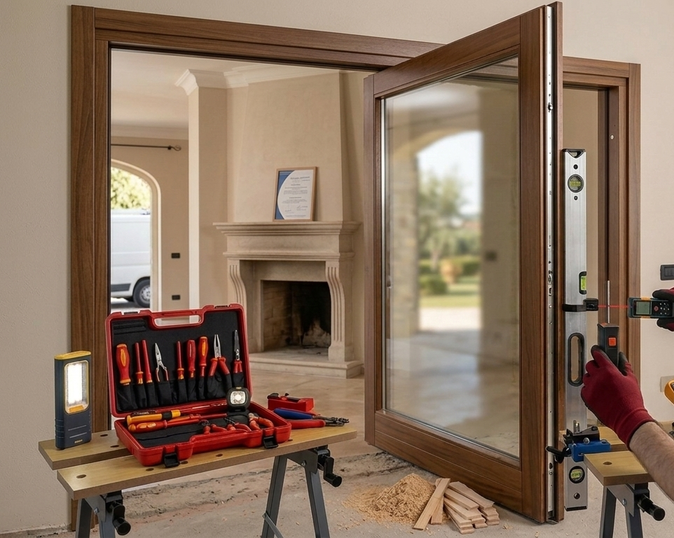 Installazione della porta: un operaio utilizza una livella sul telaio di una porta in vetro, gli attrezzi sono su un tavolo, vista interna.