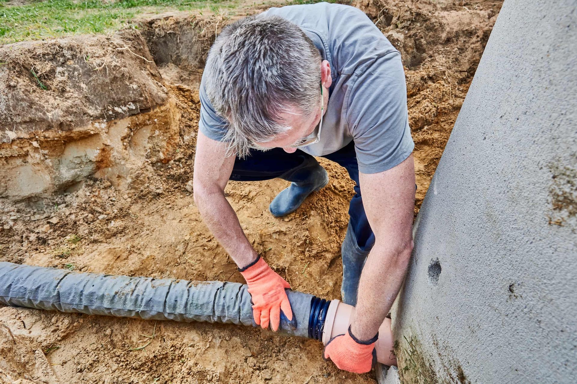 Man in orange gloves connects a corrugated pipe to a concrete structure in a dirt trench.
