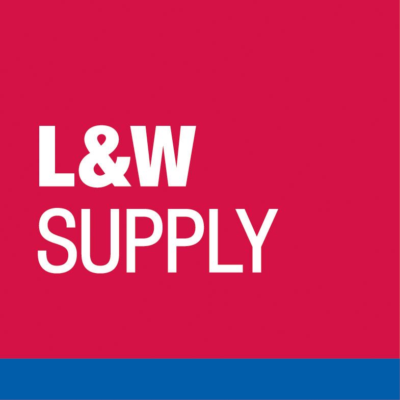 A red and white logo for l & w supply