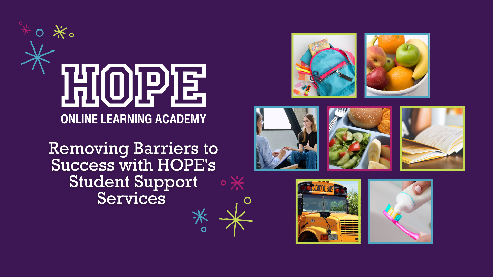 HOPE online learning academy banner with student support services and colorful school-themed images