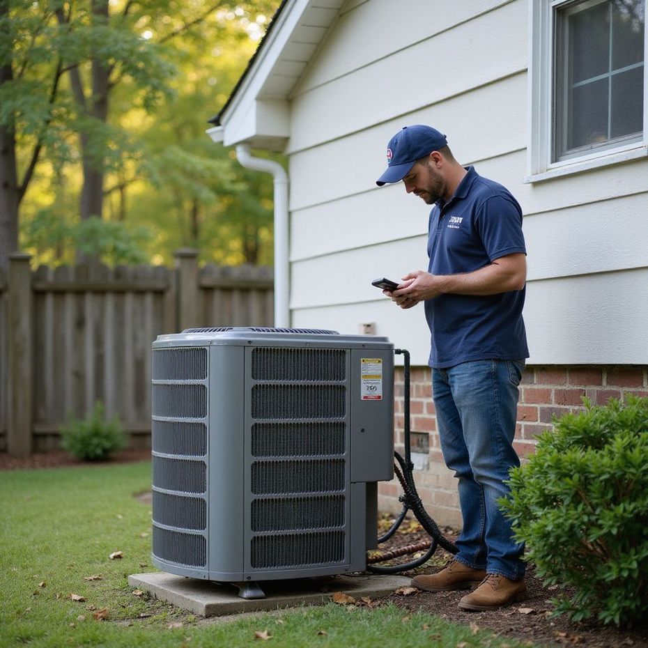 HVAC technician checks a unit outdoors, wearing a blue cap and shirt, by a house with a grassy yard.