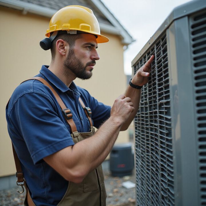 HVAC technician inspecting an air conditioner. Wearing a hard hat and overalls, outside.