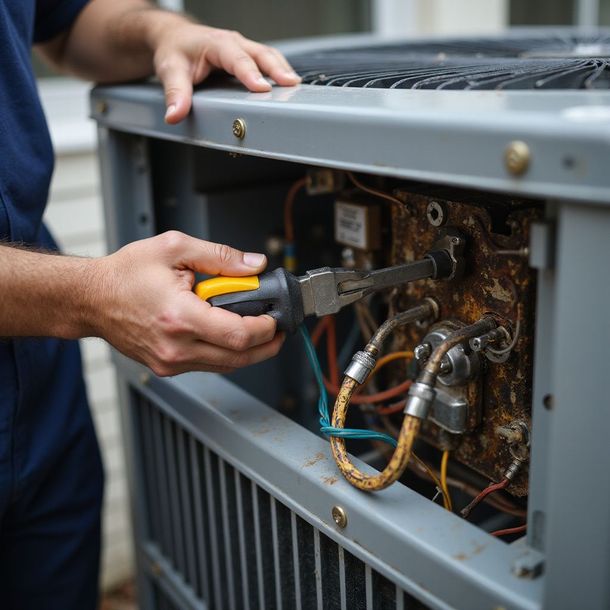 HVAC technician working on an outdoor air conditioning unit with pliers; close-up view.