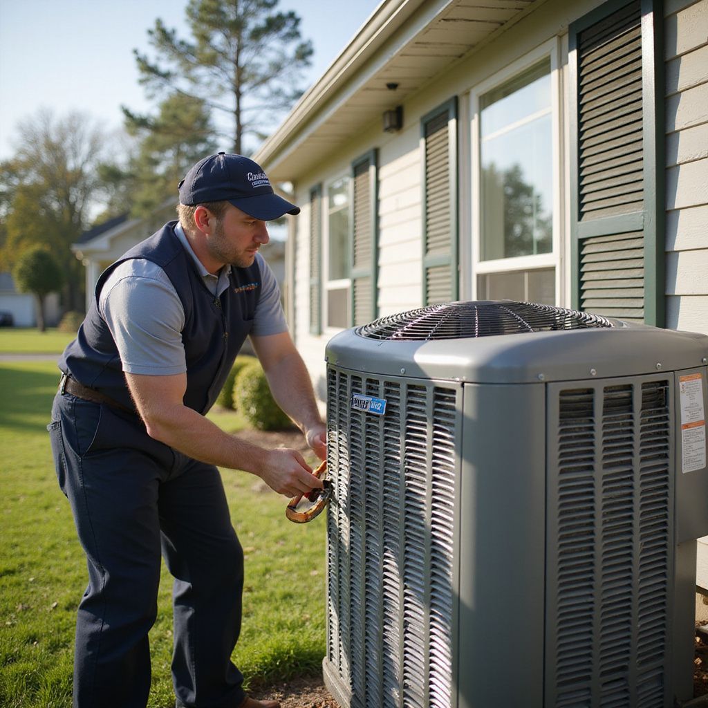 HVAC technician in uniform working on an outdoor air conditioning unit near a house.